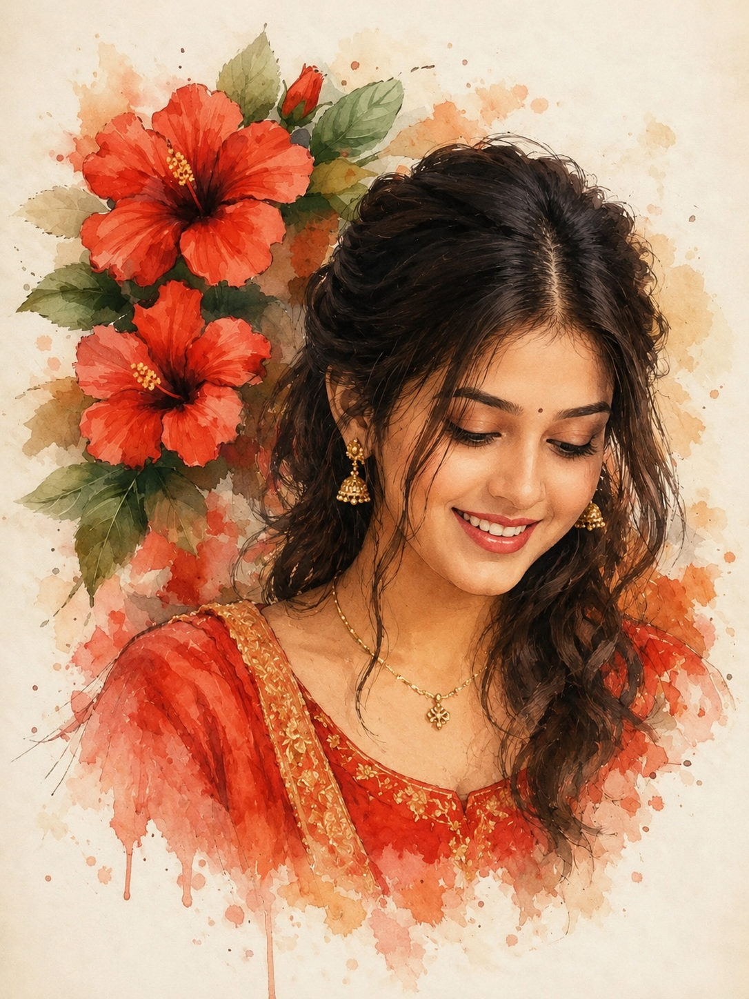 Watercolor Indian Girl Portrait