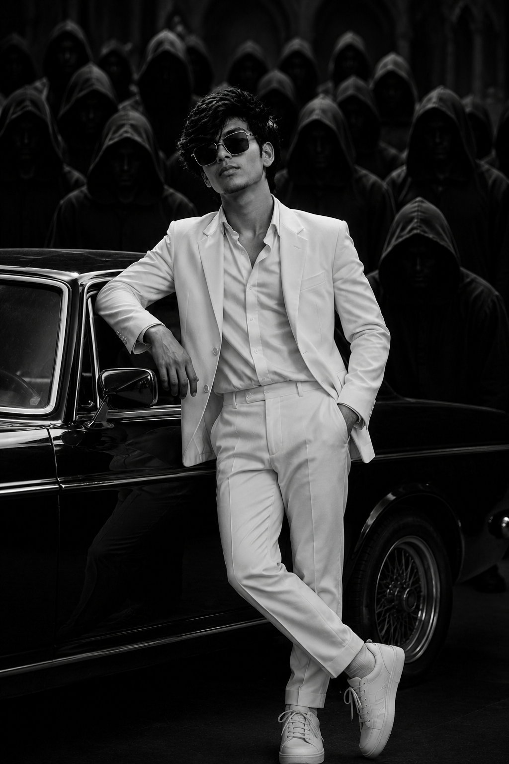 White Suit Mafia Vibes 🖤 | Luxury Car & Hooded Crowd | #4